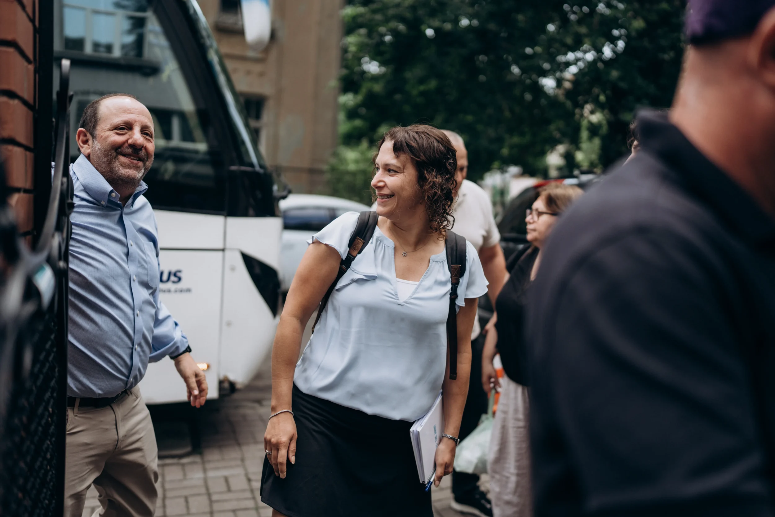 Renee Kutner, President & CEO of Jewish Federation of Greater Atlanta, smiles while arriving with fellow participants during a JDC study mission.